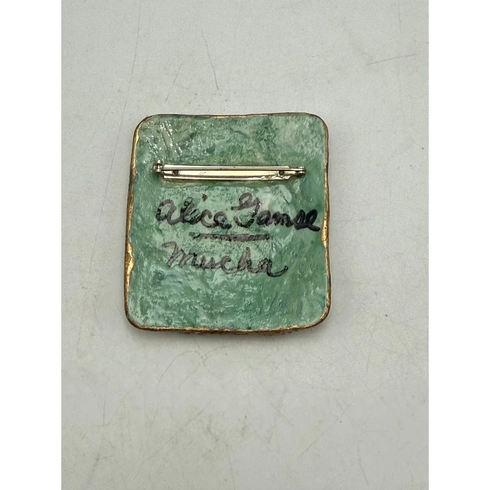 Alice James Mucha Art Nouveau Brooch Pin Gold Tone Handmade Artisan